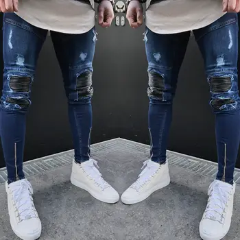 

New Fashion Men's Washed Ripped Destroyed Jeans Straight Vintage Frayed Denim Zipper Skinny Pants Stylish Mens Long Pencil Jeans
