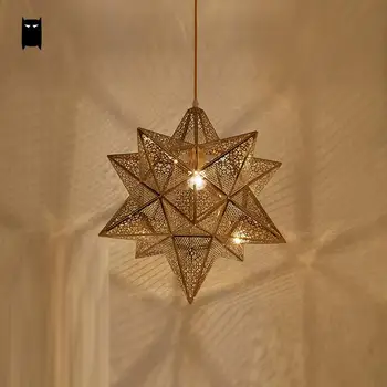 

Gold Iron Geometric Star Shade Long Cord Pendant Light Fixture Modern Nordic Hanging Lamp Avize Luminaire Design Dining Room Bar