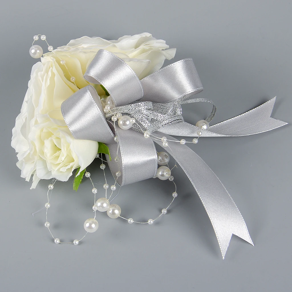 Beautiful Ribbon Boutonnieres Corsage White Rose Silver Grey Corsage for Wedding Party Favor Photo Props