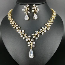 New fashion luxury romantic crystal water drop zircon golden necklace earring set,wedding bride formal jewelry free shipping!