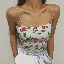 Летние топы без рукавов с принтом вишни, с открытыми плечами, на бретельках, жилет, женская уличная одежда, топы на бретельках, милые укороченные топы для девочек