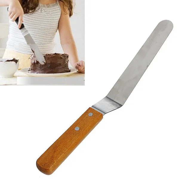 

Hot 1pcs Baking & Pastry Tools Pastry Spatulas Stainless Steel Spatulas Cream Butter Smooth Flat Scraper with Wooden Handle