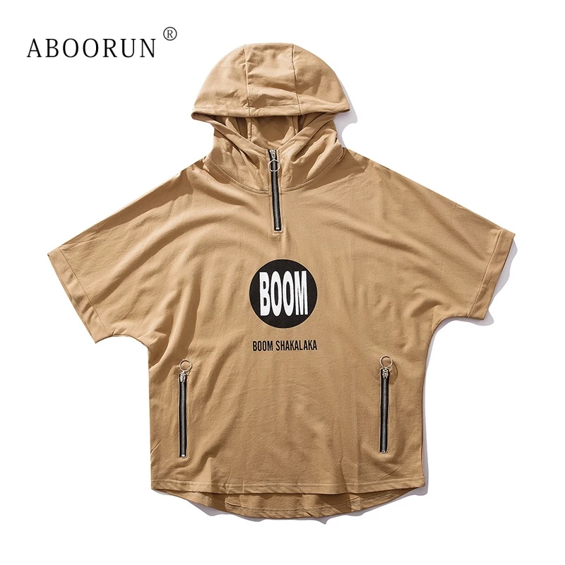 

ABOORUN Men's Hip Hop T Shirts Fashion Extended Arc Hem Hooded T-Shirts Summer Short Sleeve Top Tees for Male R778