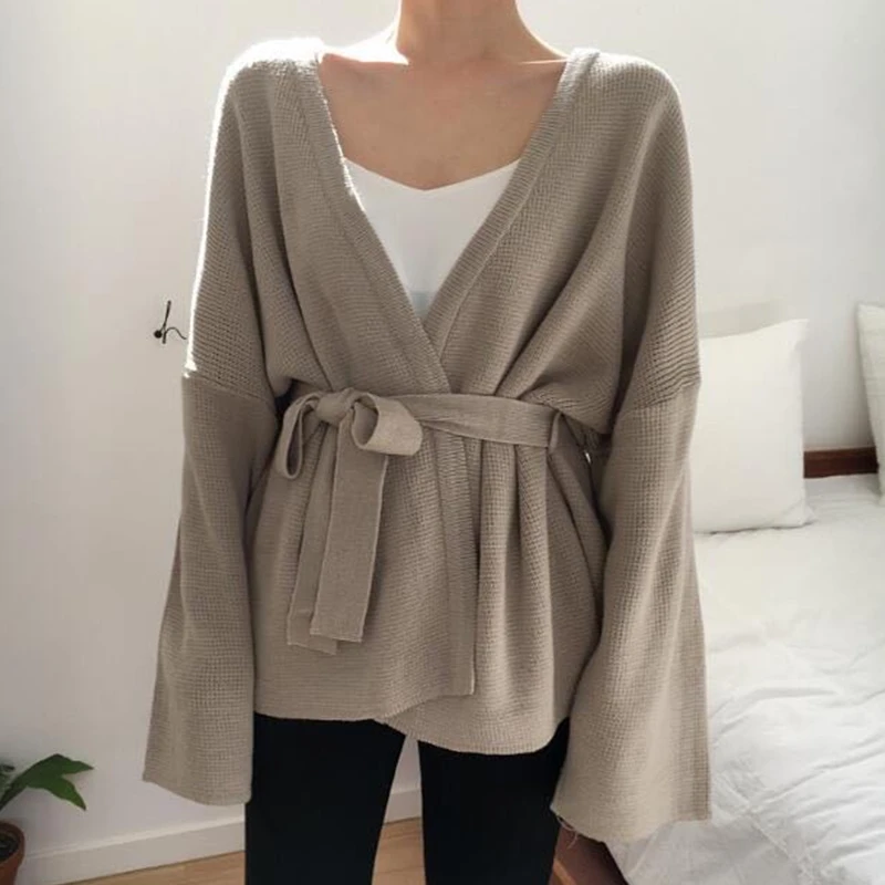 Flectit Women Cardigan With Tie Belt Wide Sleeve Open Front Cozy Knit Cardigan Ladies Knitwear Autumn Winter Cardigans Sweater