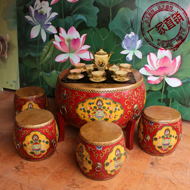 American round tea table do old leather tea-table hand-painted drum drum stool european-style solid wood tea table