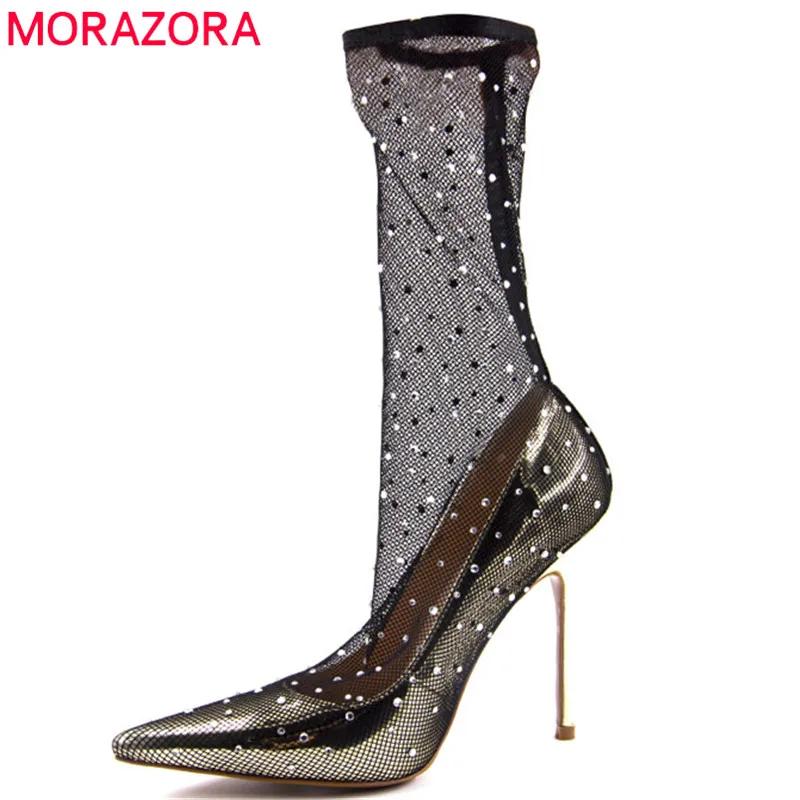 

MORAZORA 2019 new arrival ankle boots women pointed toe summer boots mesh sexy high heels party prom shoes woman socks boots