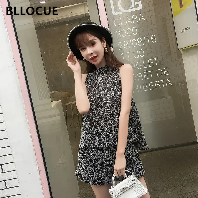 BLLICUE 2019 Summer Fashion Women Jacquard Sleeveless Irregular Top + High Waist Shorts Girls Cute Two-Piece Sets | Женская одежда