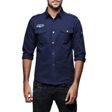 4 XL Мужская мода Осень Повседневная Военная карго тонкая на кнопках длинный рукав платье рубашка с карманами Топ Мужская одежда черный темно-синий