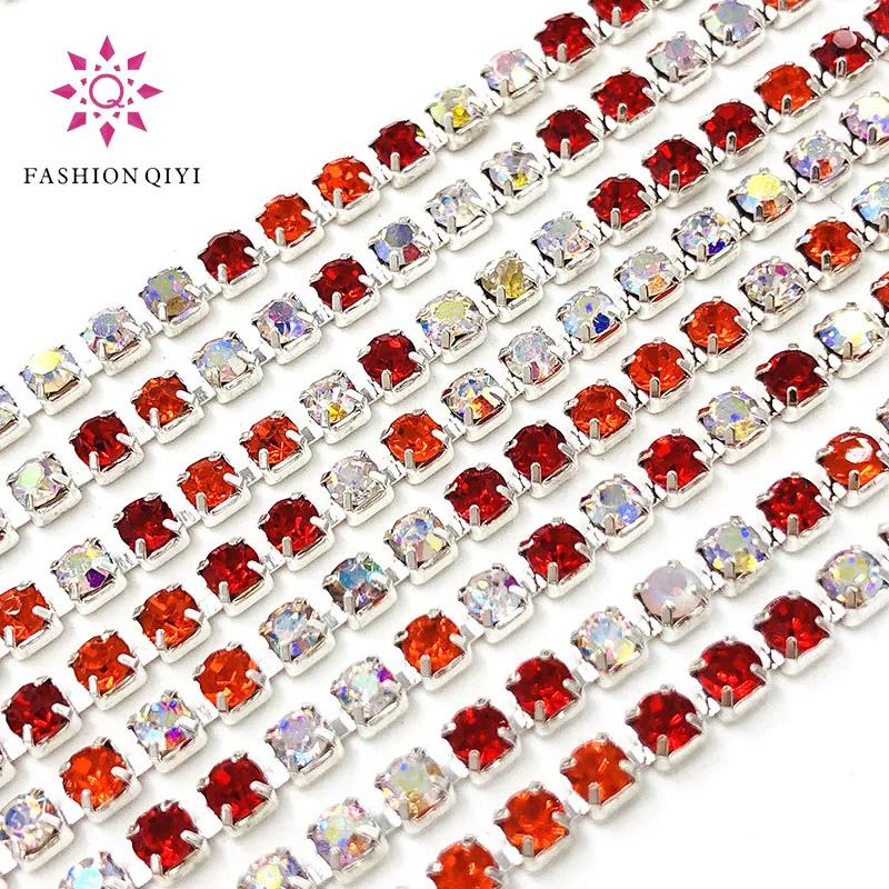 

NEW arrive 5 yards Red/Orange/WhiteAB 2mm-3mm silver base glass rhinestones cup chain diy hats/bags/clothing accessories