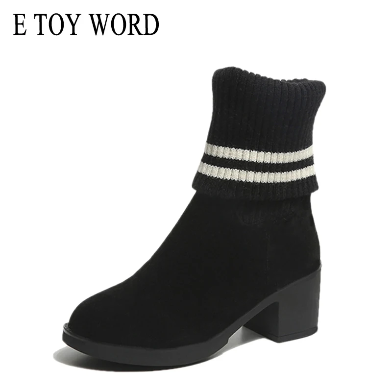 

E TOY WORD Women's Boots Thick Heel for Shoes Round Toe Elastic Middle boots wool fashion two wear thin Martin boots