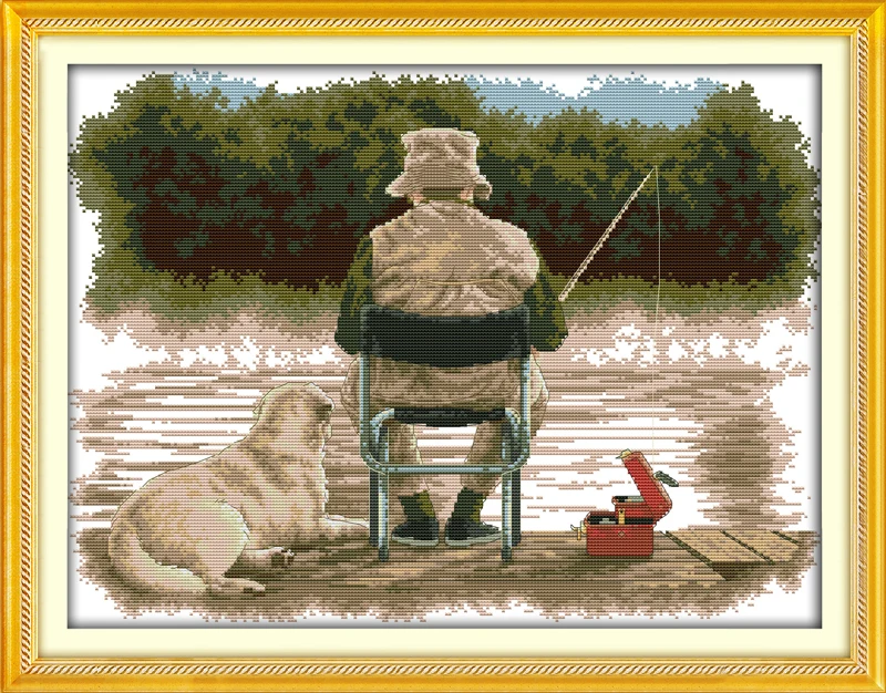 The Old Man Fishing Canvas DMC People Set Cross stitch kits 11CT
