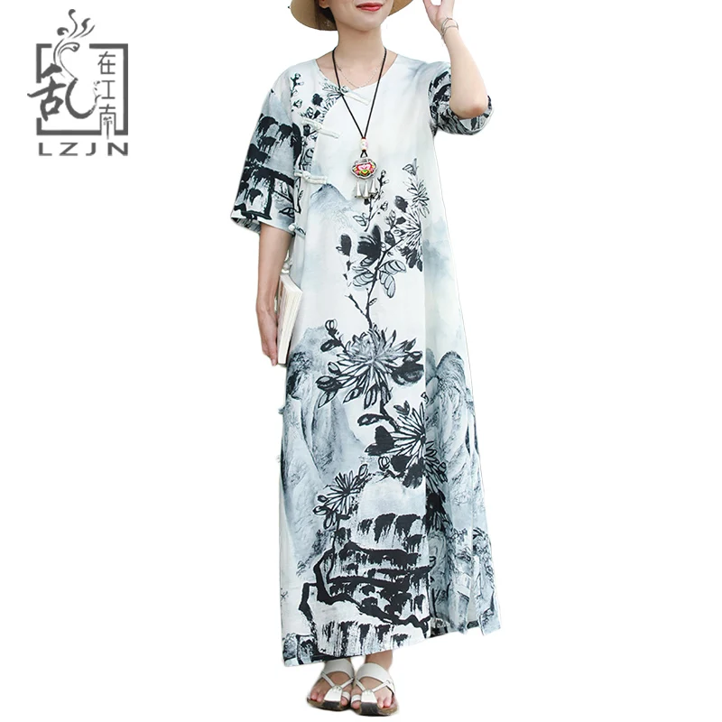 

LZJN Traditional Chinese Ink Wash Painting Long Summer Dress Women Maxi Dresses Short Sleeve Qipao Cheongsam Vintage Robe