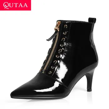 

QUTAA 2020 Patent Leather Front Zipper fashion Autumn Winter Women Shoes Sexy Pointed Toe Thin High Heel Ankle Boots Size 34-39