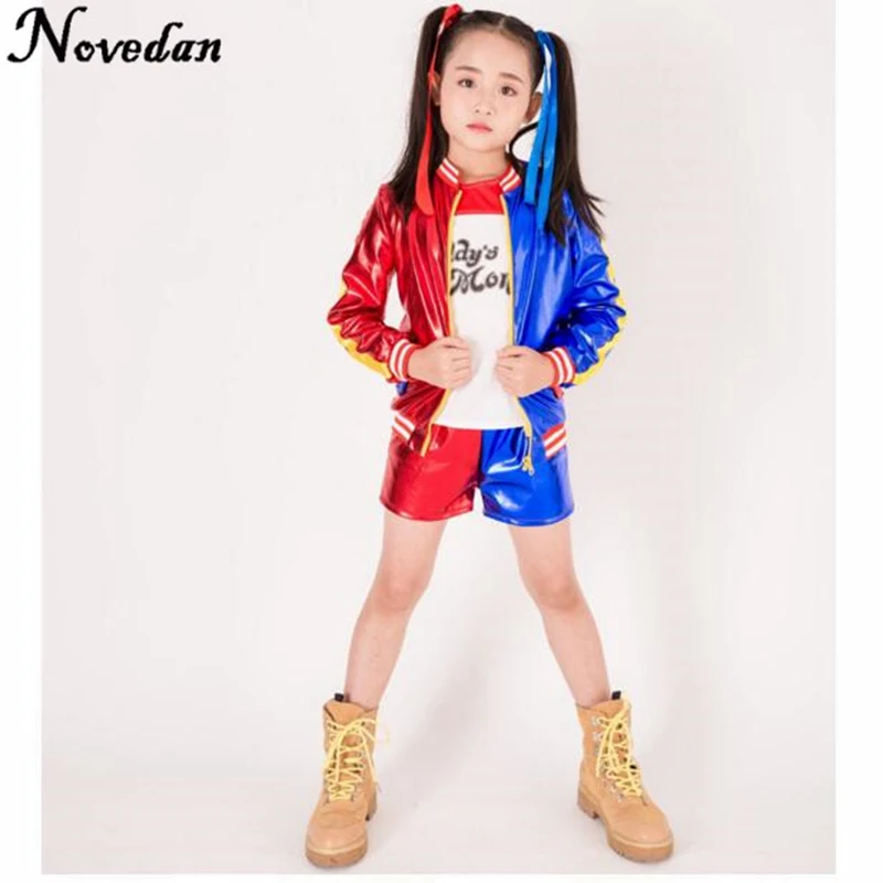 

Girls Kids Joker Suicide Squad Harley Quinn Jacket Shorts Shirt Set Children Harley Quin Purim Halloween Cosplay Costume Suit