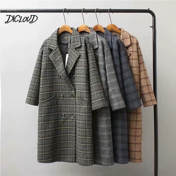 

DICLOUD Winter Wool Coat Korea Double-Breasted Loose Plaid Coat Ladies Elegant Lapel Blends Long Coat Fashion Casual Outwear