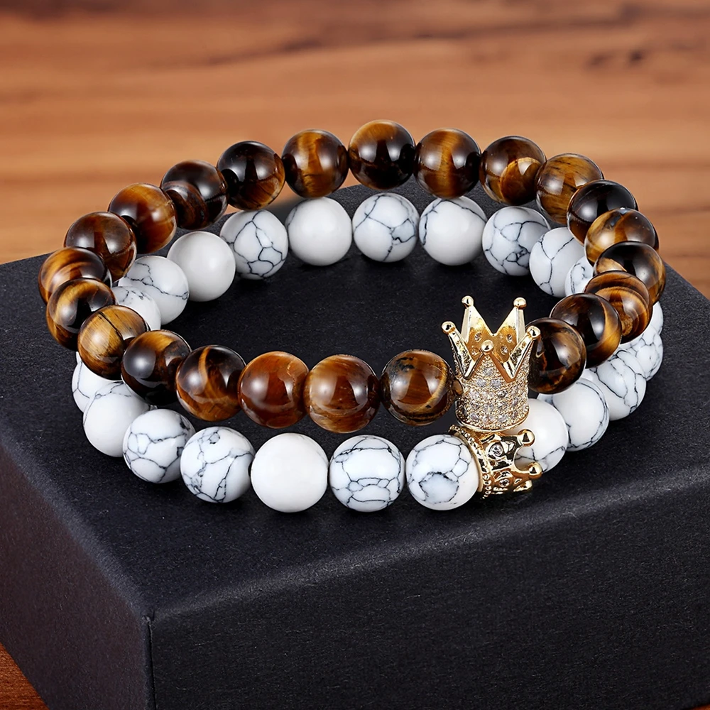 

XQNI White Howlite & Tiger Eye Combination Gold/Black/Rose Gold Color Elasticity Rope Stand Beads Bracelets For Men Women Gift