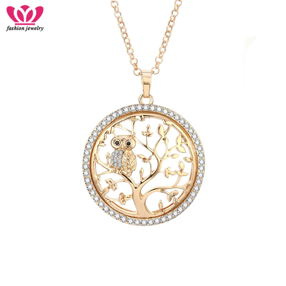 Ожерелье «Древо жизни» для женщин, милое Кристальное круглое ожерелье с совой и подвесками, массивные ювелирные изделия, модные подарки для женщин, колье