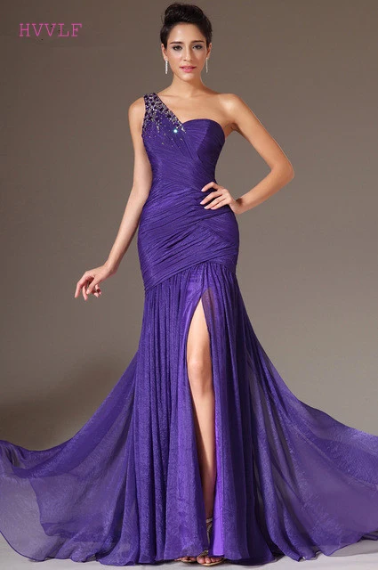 

Purple Evening Dresses 2019 Mermaid One-shoulder Chiffon Beaded Slit Plus Size Long Evening Gown Prom Dresses Robe De Soiree