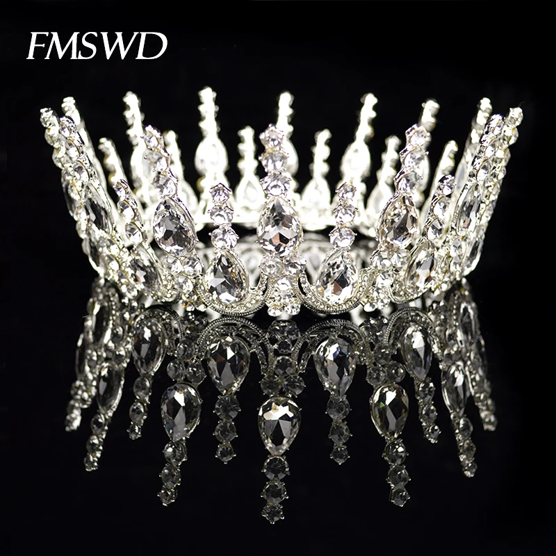 Skup Modny wielobarwny kryształ srebrny luksusowy okrągły królowa ślub korona Diadem dla panny młodej Rhinestone Diadem głowy biżuteria akcesoria do włosów
