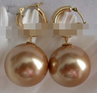 

wb001 Natural 18mm Champagne Shell Round Pearl Earrings Dangle 14k