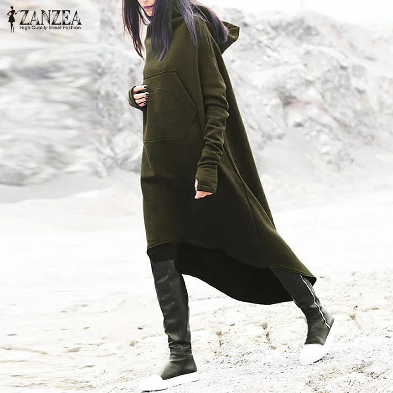 

ZANZEA 2019 Winter Hooded Long Sleeve Fleece Women Loose Hoodies Pullover Vestido Casual Pockets Long Sweatshirt Dress Plus Size