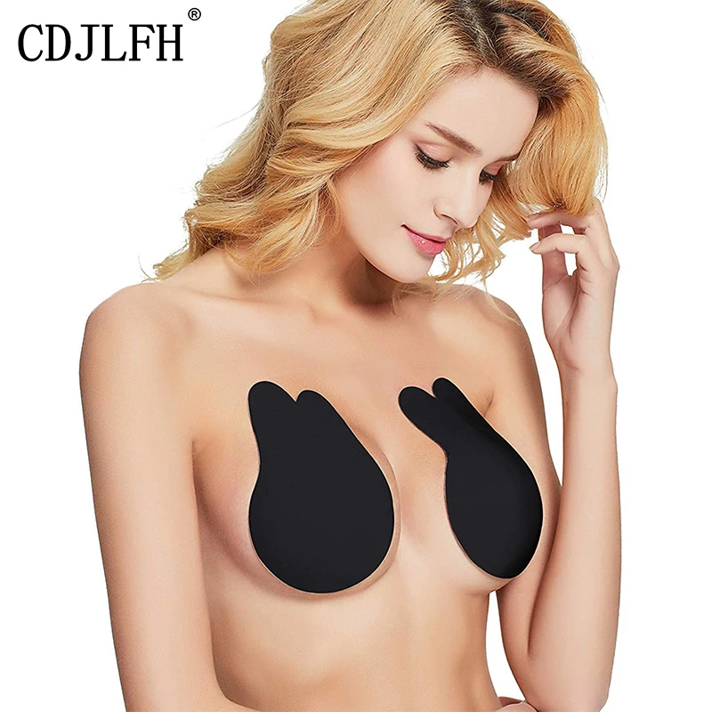 Adhesive Bra Invisible Strapless Backless Breast Lift Nipplecovers Sticky Bra Rabbits Ears 2 Pairs Nude and Black 