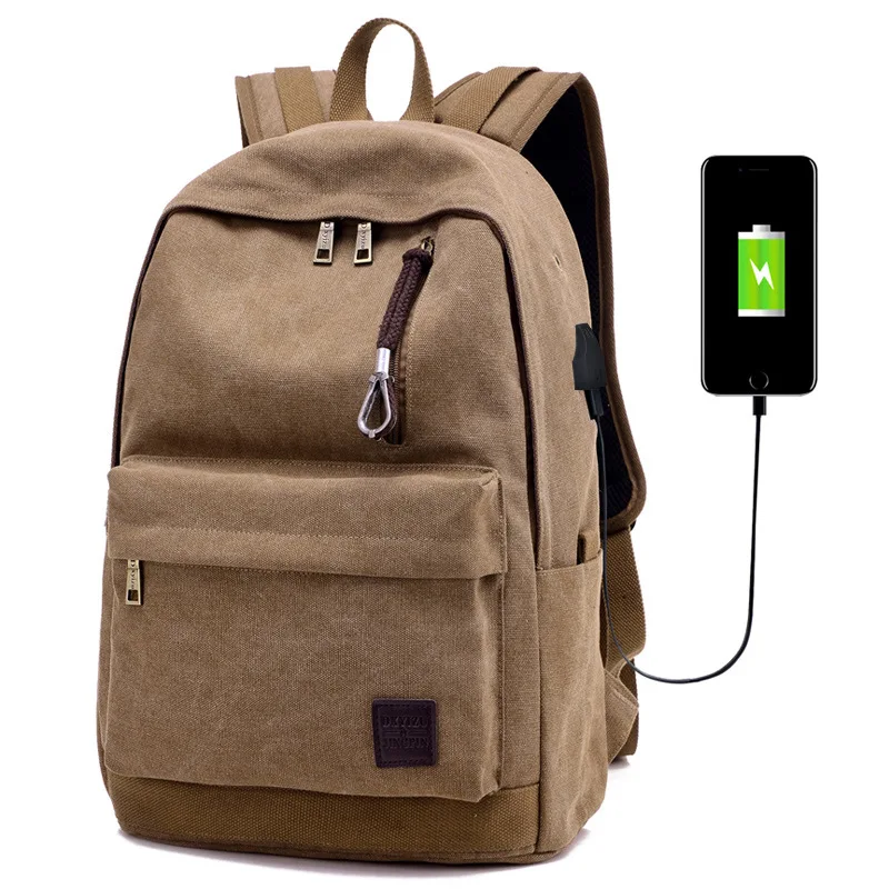 

longmiao Canvas Notebook Backpack External USB Port Men Leather Travel Backpack Waterproof Laptop Backpack School Bag mochila