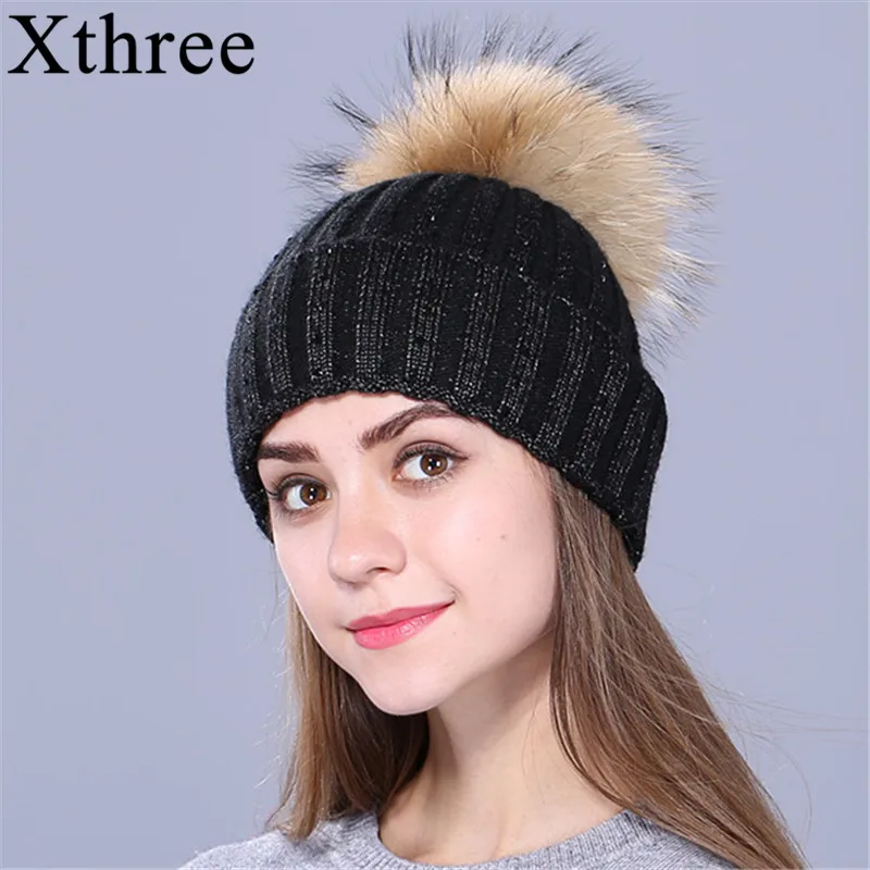 2 Xthree, новинка, стразы, вышивка, зимняя, шерстяная, вязаная шапка для женщин, шапочка, Skullie, теплая шапка, натуральный мех, Pom Gorro, женская шапка - Цвет: 2