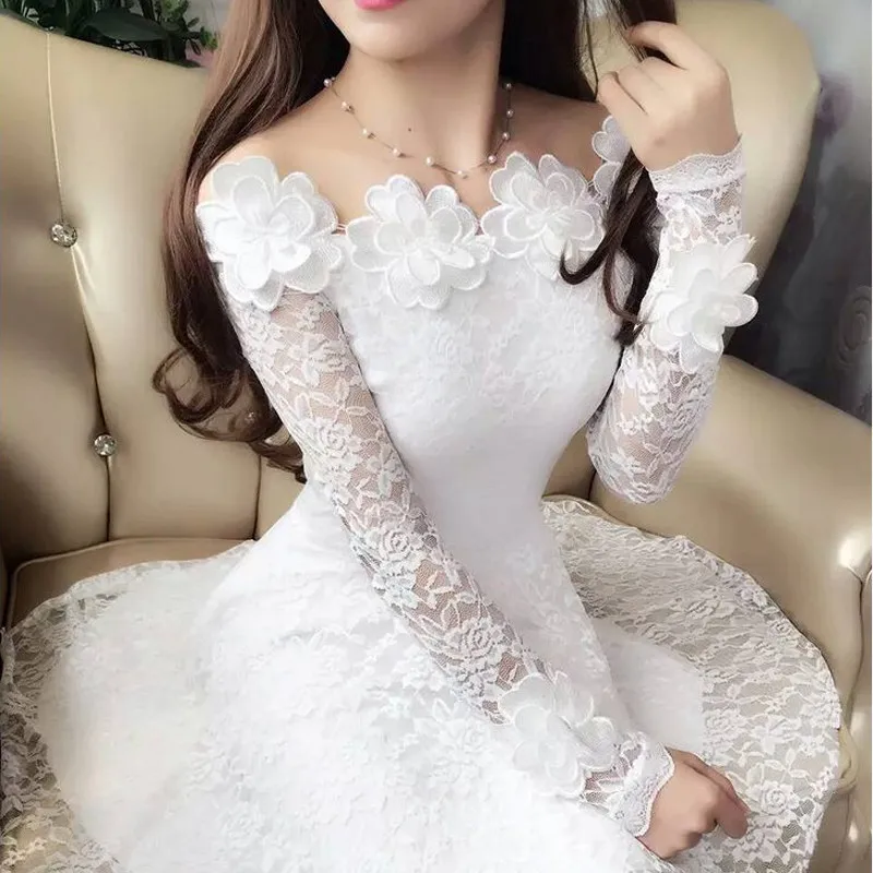 

2018 Spring Summer Women Dresses Sexy Slash Neck Floral Lace Dress Female High Waist Long Sleeve A-Line Dress Party Vestidos 821