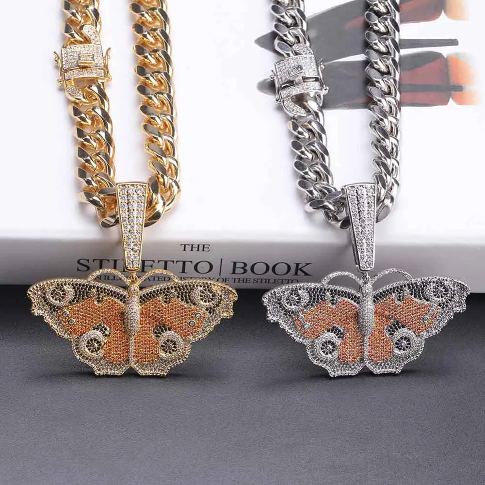 JINAO хип хоп серебряная подвеска в виде золотой бабочки ожерелье микро проложить Циркон льдом животных Ювелирные изделия подарок для мужчин и женщин