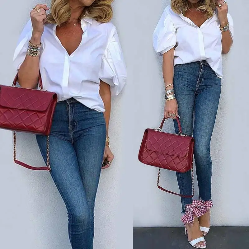 

Celmia OL Women White Blouses Shirts Short Sleeve Sexy V Neck Elegant Ladies Work Tops 2019 Summer Casual Loose Blusas Plus Size