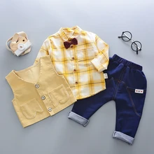Autumn Baby Clohting Sets Plaid Bowtie Lapel Collar Boys Shirt + Denim Jeans Pant + Waistcoat Kids Children’s 3Pcs Suits