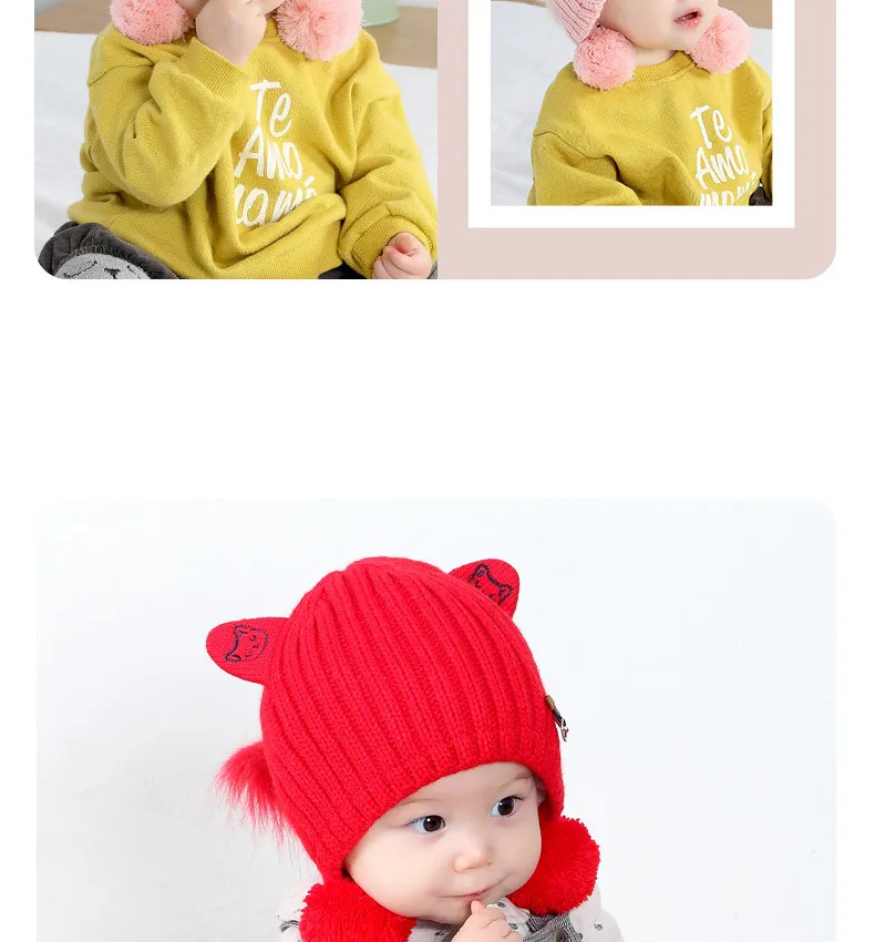 New Baby Knit Hat Autumn And Winter Thickening Female Baby Winter Hat  With Hair Ball Newborn Wool Hat Out Of The Ear Cap GCG42 (5)