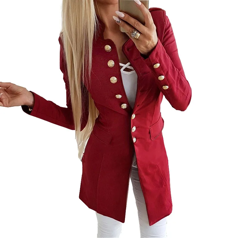 

Single Breasted Solid Women Long Coat Office Overall Spring Slim Thin Jacket Fashion Red Black Botton Sleeve Outerwear M0235