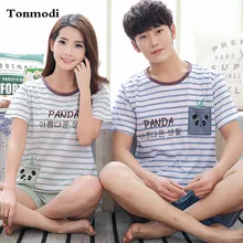 Пара пижам летние женские с коротким рукавом хлопок lovers sleepwear письмо полоса плюс размер тонкий лаунж-Пижама комплект