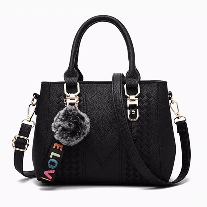 Embroidery Messenger Bags Women Leather Handbags Bags for Women Sac a Main Ladies hair ball Hand Bag