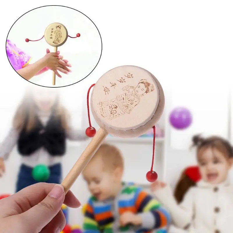 HBB 1PC Baby Wood Cartoon Chinese Traditional Spinning Rattle Drum Hand
