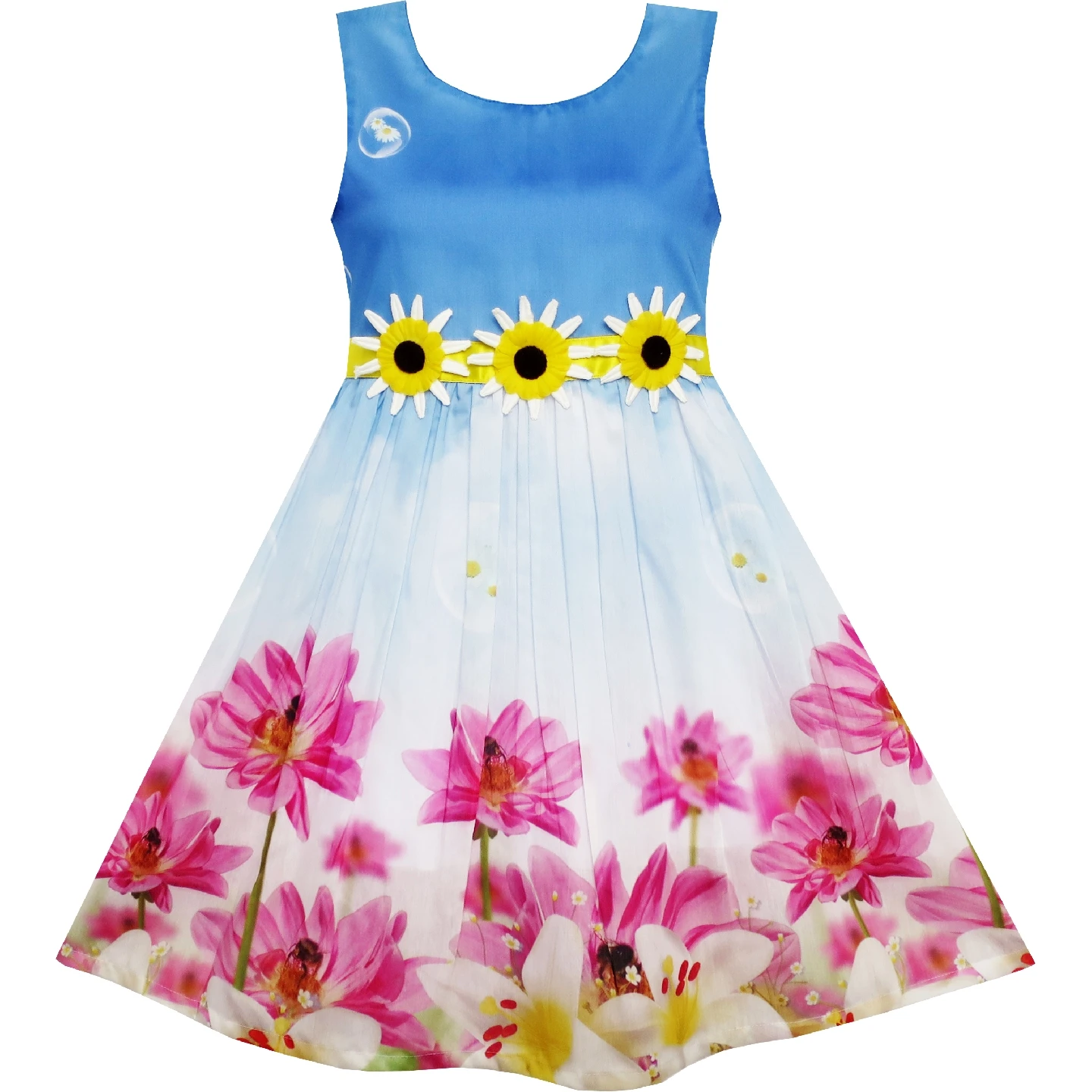 

Girls Dress Sunflower Bubble Lily Flower Garden Blue 2019 Summer Princess Wedding Party Dresses Children Clothes Pageant