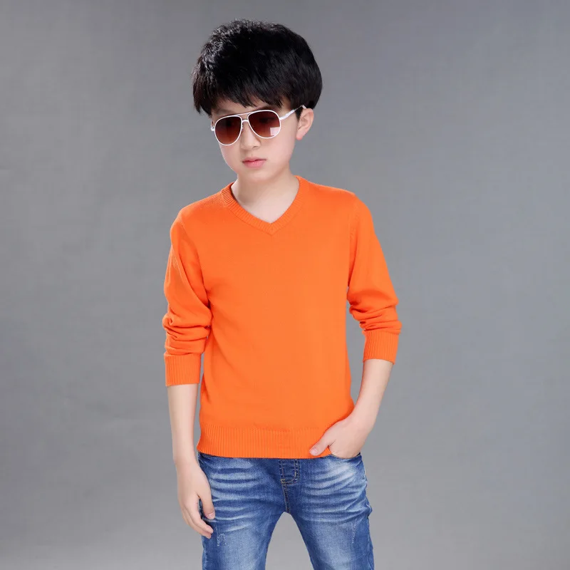 Осенне-зимний Детский свитер для мальчика, свитер, пуловеры для подростков, вязаный Однотонный свитер с длинными рукавами и v-образным вырезом для 4, 5, 6, 7, 8, 9, 10, 14 лет - Цвет: orange