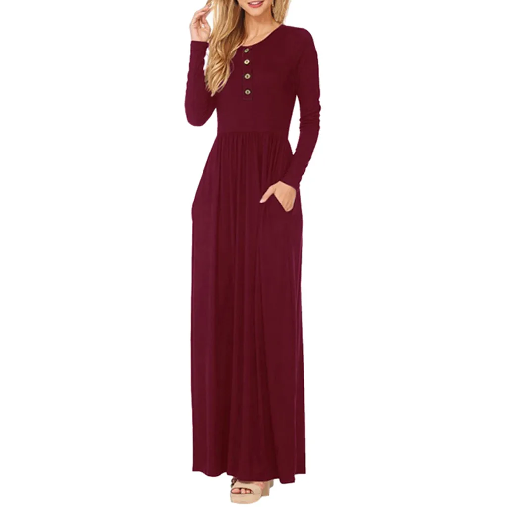 Страуса женское платье на пуговицах с круглым вырезом размера плюс с длинным рукавом и карманом повседневное пляжное длинное платье Элегантное горячая Распродажа длинное платье - Цвет: Wine