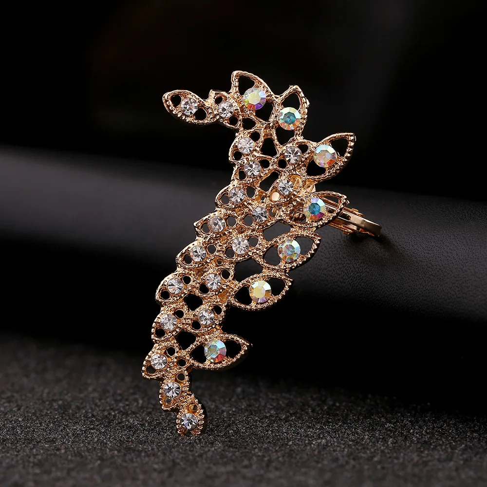 

Fashion Peacock Feather Ear Cuff Hot Sell Rhinestones Hollow Earcuffs Zinc Alloy S Shaped Jewelry Party Gift Clip Earring