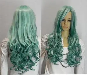 New2 GREEN MIXED LONG CURLY COSPLAY FULL WIG |