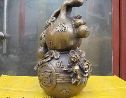 

xd 001627 10.5 Chinese Folk Classical Copper Bronze Feng shui Lucky Fu shou Gourd Statue