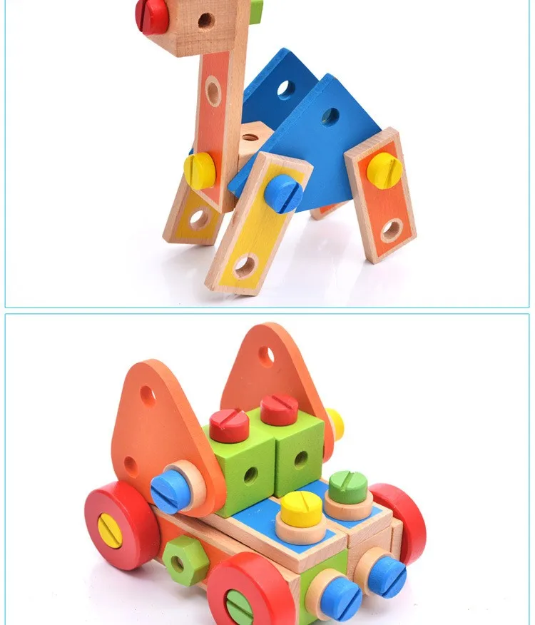 Blocos dos Desenhos Porca de Madeira Geométrica das Crianças Lote Animados Combinação Hands-on Brinquedos Educativos Desmontagem 70 Pçs - 7 Cheap Blocos de madeira