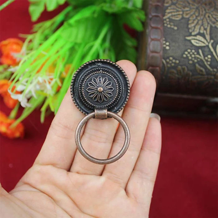 

30mm Antique copper Diecast Daisy Ring Pull Kitchen Cabinet Knob And Drawer Pull,Jewelry cases wooden boxes drop ring handles