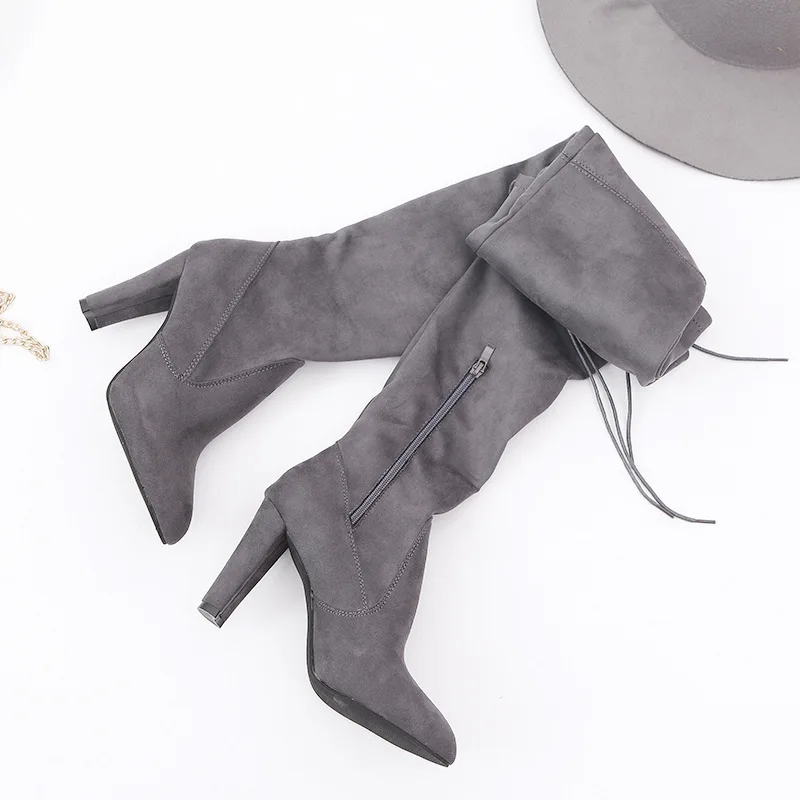 Sexy Party Boots Fashion Suede Leather Shoes Women Over the Knee Heels Boots Stretch Flock Winter High Boots botas Drop Shipping