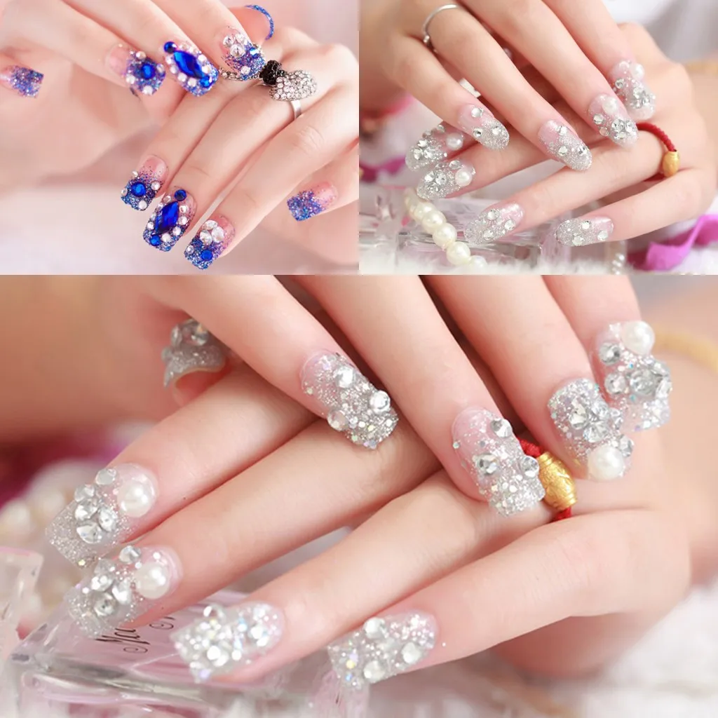 

Blue White Full Nail Tips Manicure 24PCS False Nails Color Jump Crystal Pearl Fake Nail Tips Artificial Finger Decor For Women