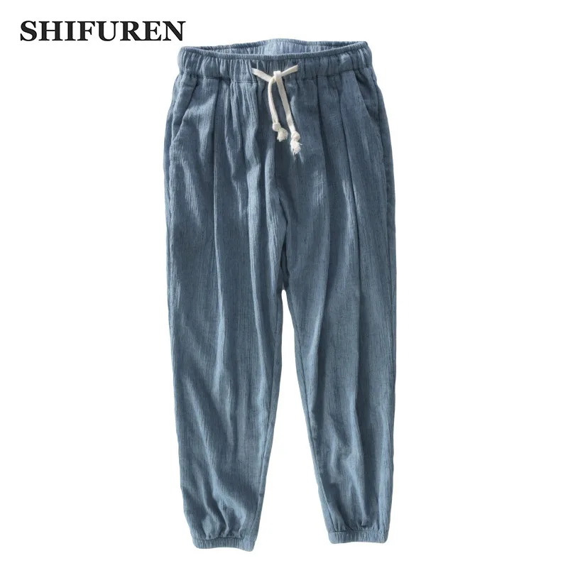 

SHIFUREN Causal Linen Pants Men Elastic Waist Loose Spring Summer Breathable Linen Pants Lightweight Male Ankle-Length Trousers