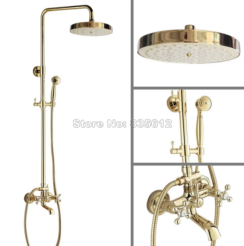

Gold Color Brass Wall Mounted Bathroom 7.7" Round Shower Head + Handheld Shower /Rain Shower Faucet Set Bathtub Mixer Tap Wgf345