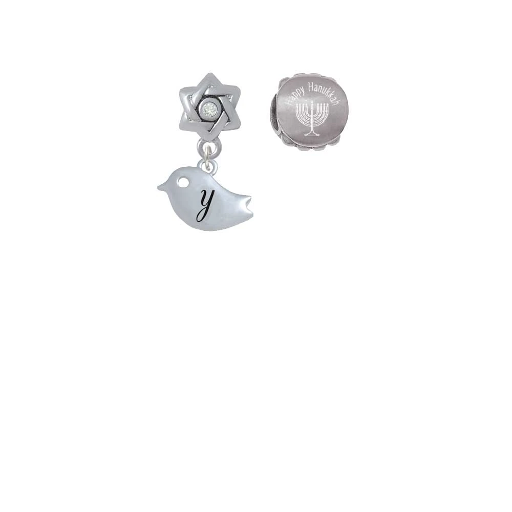 Silvertone Little Bird Initial - Y - Happy Hanukkah Charm Beads (Set of 2)